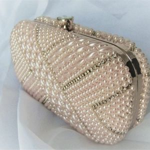 New Blush Pink Faux Pearl Clear Rhinestone Clutch
